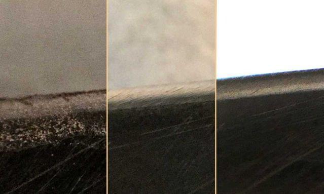 Three close-up views of a knife edge: ragged and tarnished, uniform but textured, and unifore and polished.