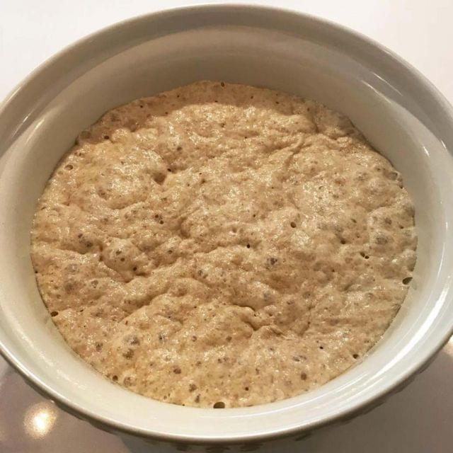 A bowl of bubbling sourdough levain.